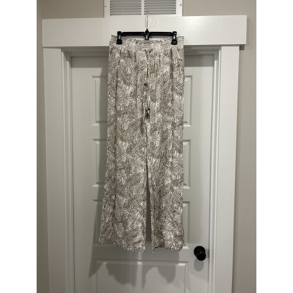 Cali 1850 Linen Blend Beach Pants Smocked Waist High Rise Wide Leg Boho Large